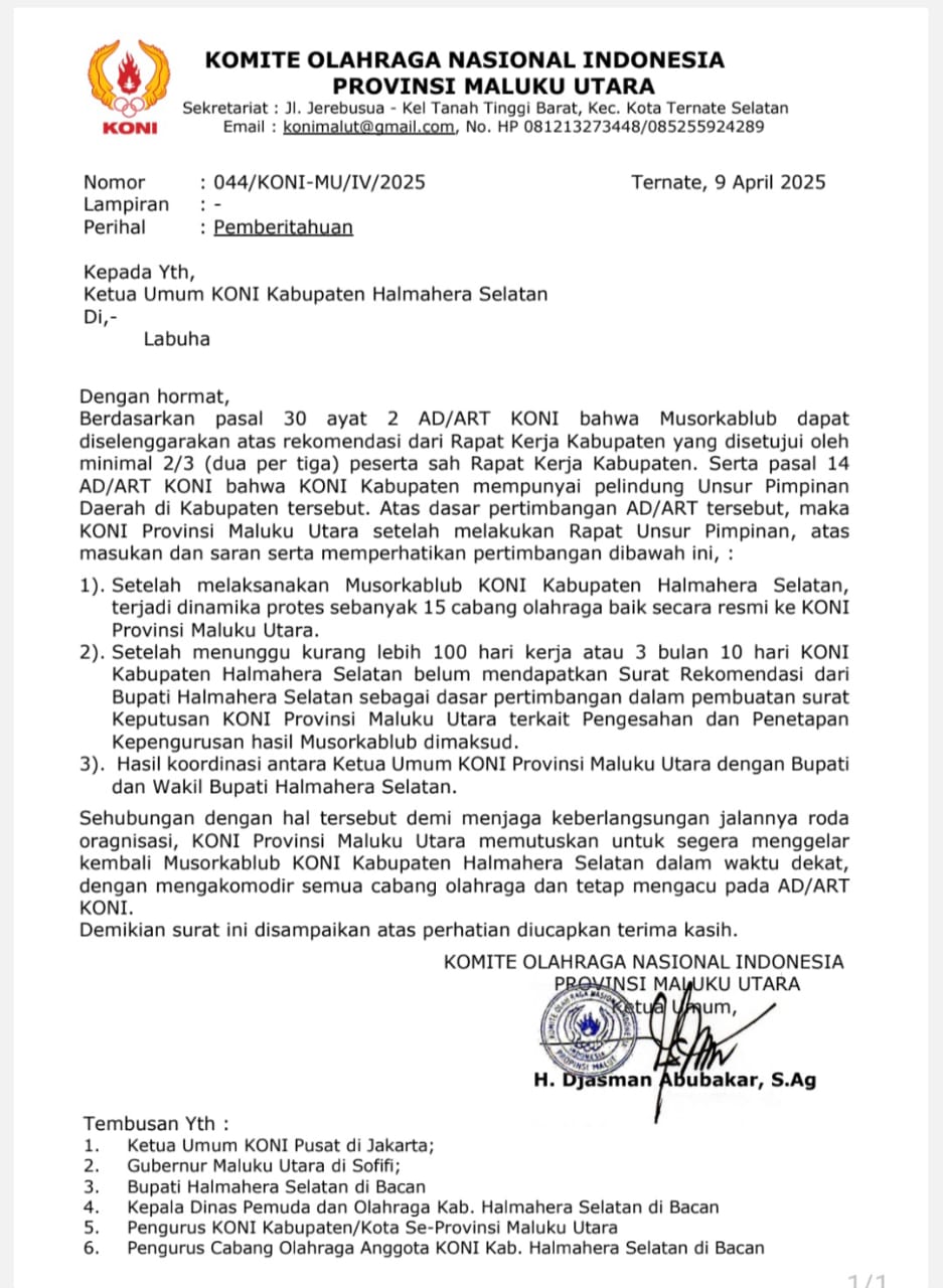 KONI Malut Resmi Batalkan Hasil Musorkablub KONI Halsel