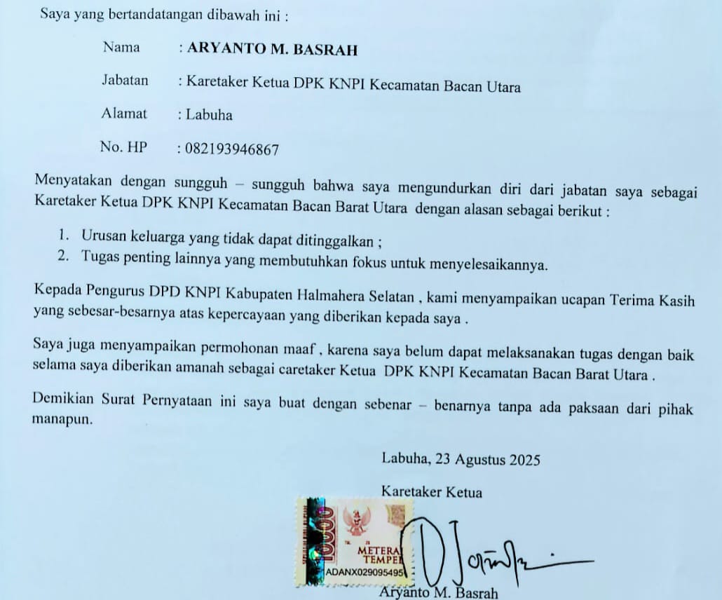 Surat Pengunduran Diri Aryanto M. Basrah